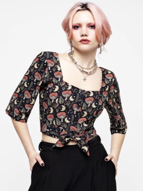 Disturbia Tops - Disturbia Dreamfast Mushroom Moon Print Smocked Crop Top US 6 (UK 10) NWT